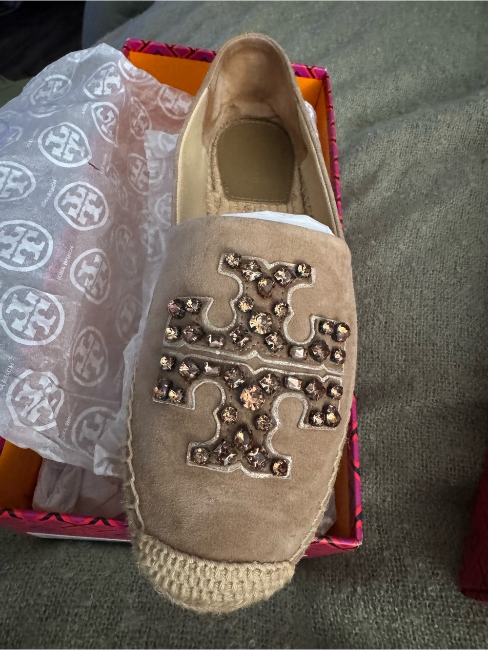 Tory Burch Taupe Suede Espadrille Slip-Ons with Embellished Logo - Picture 2 of 6